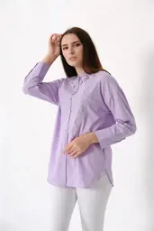 Picture of Women's Classic Embroidered Loose Comfortable Long Wide Collar Shirt Without Pocket 100% Cotton Lilac