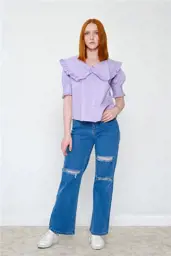 Picture of Women's Classic Plain Short Sleeve Ruffled Collar Plain Shirt Without Pocket Simple Casual 100% Cotton Lilac