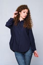 Picture of Women's Plain Long Loose Fitted Shirt without Pocket 100% Cotton Navy