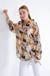 Picture of 100% Cotton, White, Leaves Pattern, Women's Long Loose Loose Satin Shirt without Pocket
