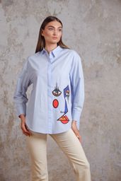 Show details for Blue cotton embroidered women's shirt Tarik