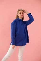 Show details for Blue women's double pocket cotton shirt Tarik
