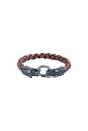 Picture of Metal Double Wolf Head Genuine Leather Knitted Bracelet