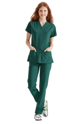 Picture of A surgical suit made from fine khaki-colored fabric with a V-shaped neckline