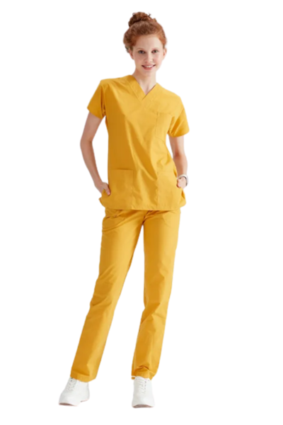 Picture of Surgical suit made of thin cloth, yellow, with a V-neck