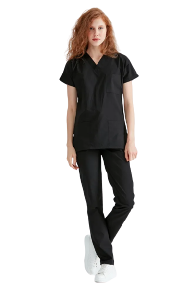 Picture of Surgical suit made of thin cloth, black, with a V-neck